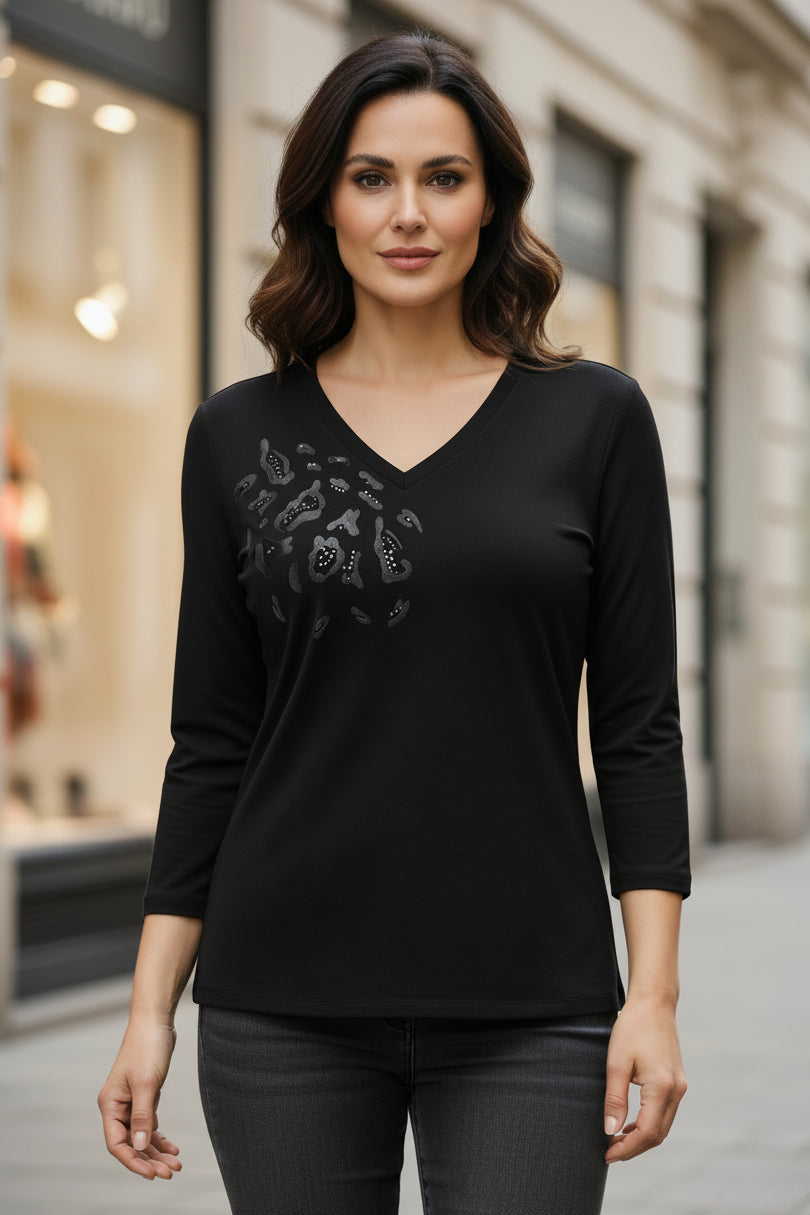 Orly 262119 Black Leopard Print V-Neck Top