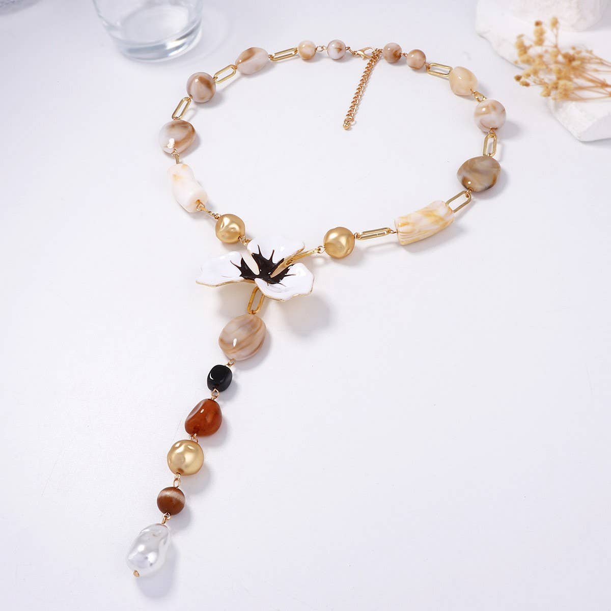 Exotic Flower & Mixed Bead Long Drop Necklace