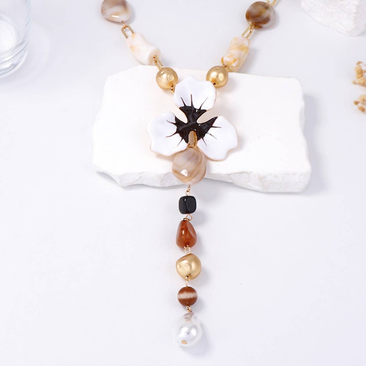 Exotic Flower & Mixed Bead Long Drop Necklace