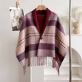 Bergundy & Pink Plaid Fringe Poncho Cape Wrap