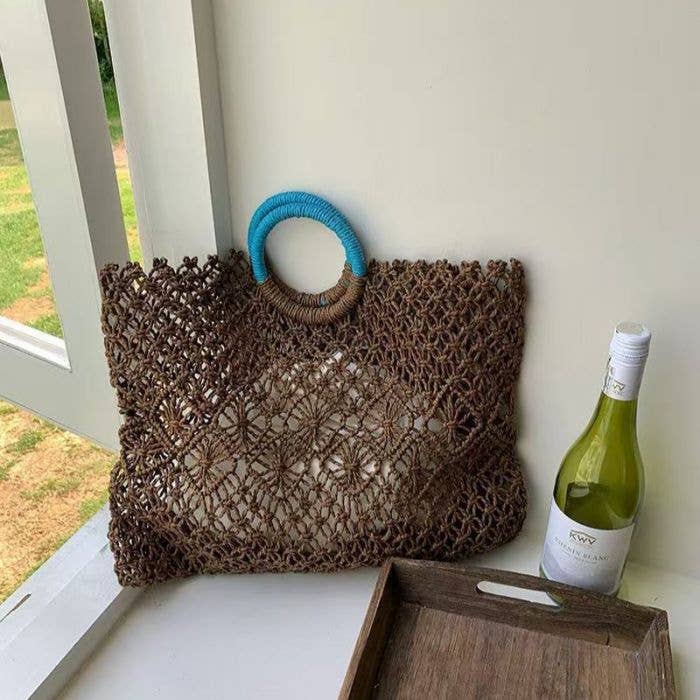 Chocolate & Teal Crochet Tote Bag