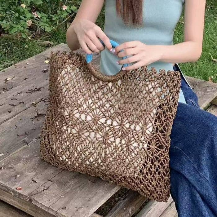 Chocolate & Teal Crochet Tote Bag