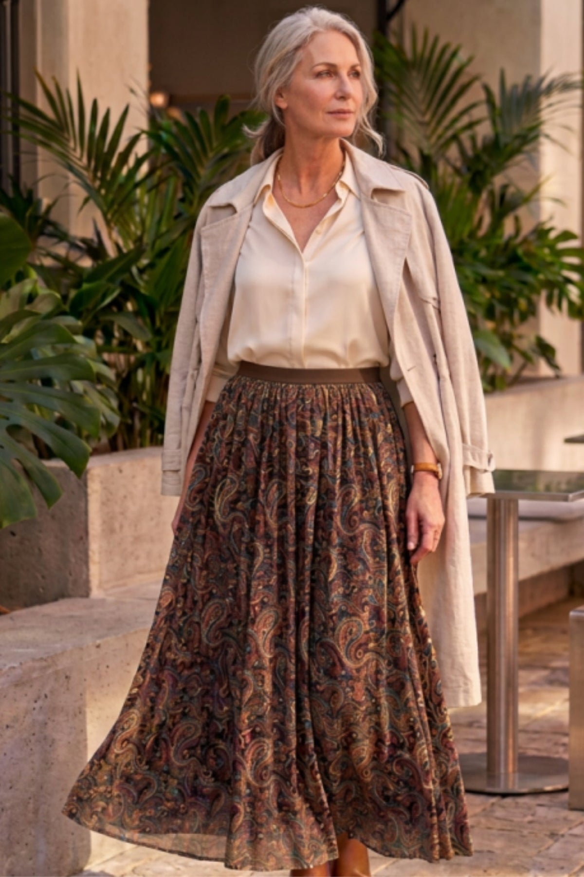 Coffee Paisley Pleated Maxi Flowy Skirt