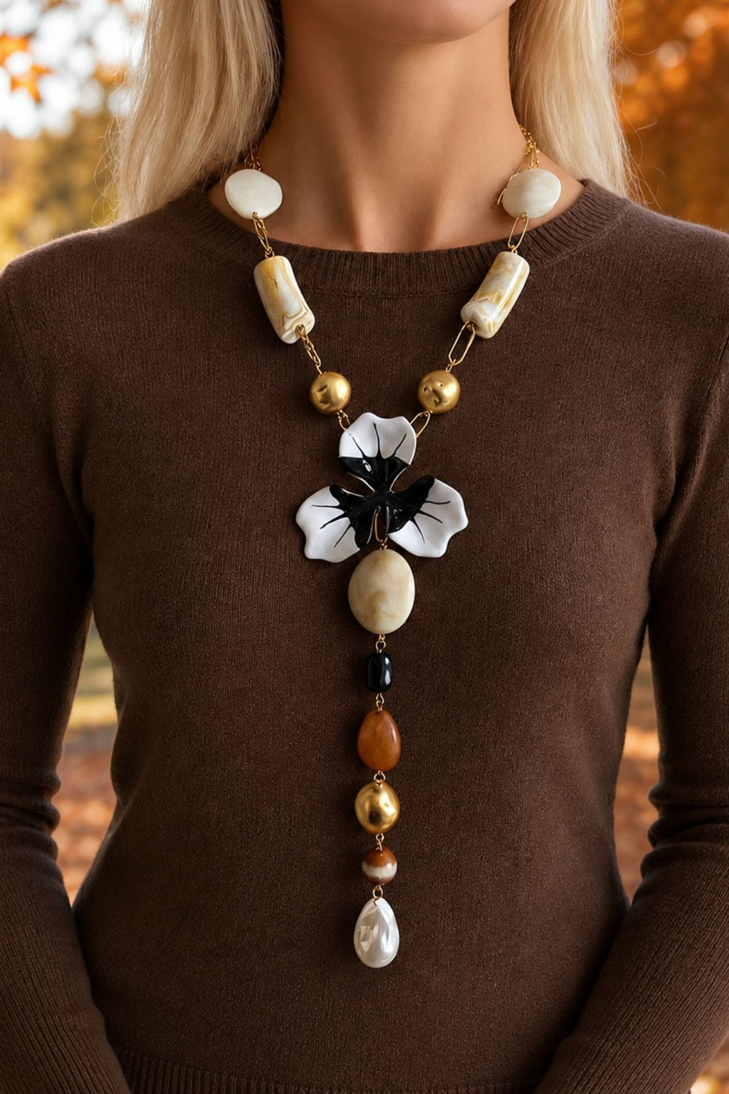 Exotic Flower & Mixed Bead Long Drop Necklace