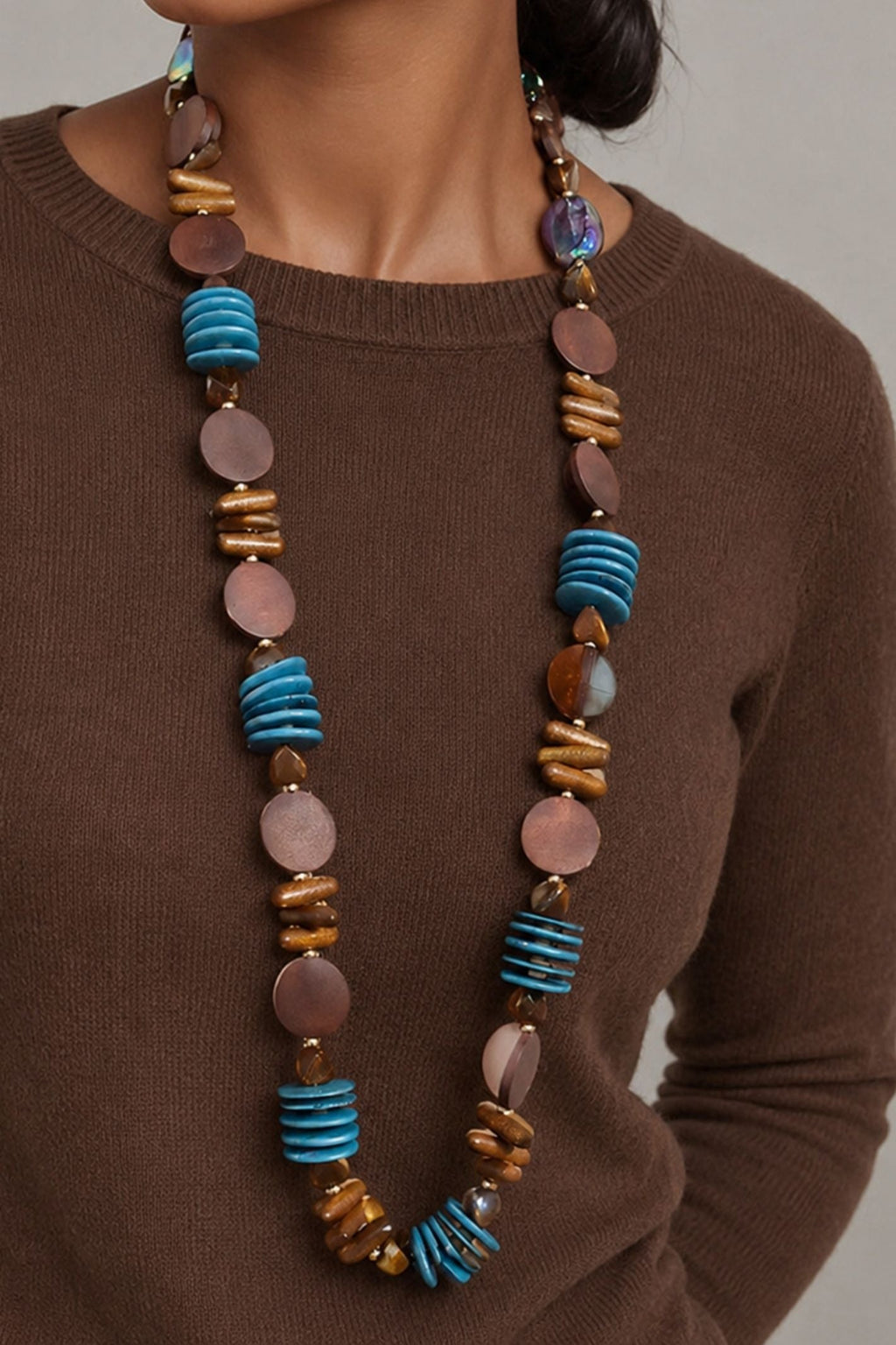 Teal & Wooden Disk Statement Long Necklace