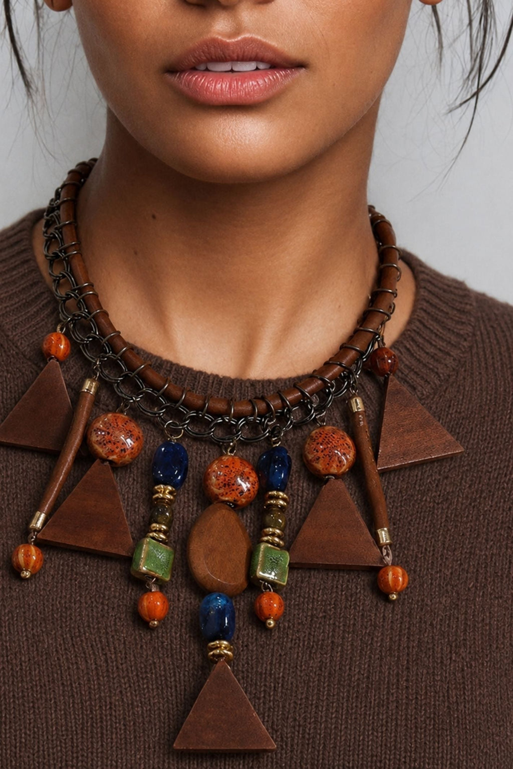 Festival Wooden Geometric Statement Necklace
