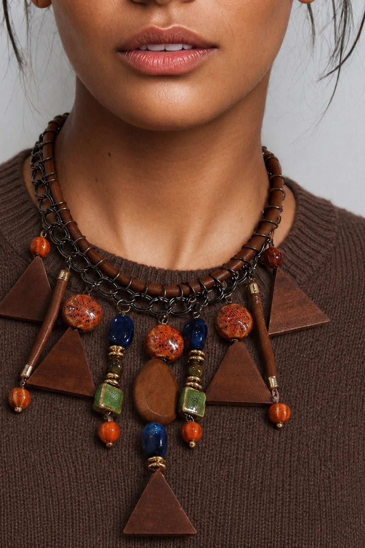 Festival Wooden Geometric Statement Necklace