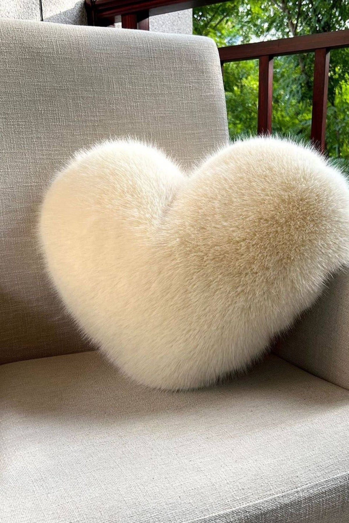 Small Cream Soft Faux Fox Fur Heart Cushion
