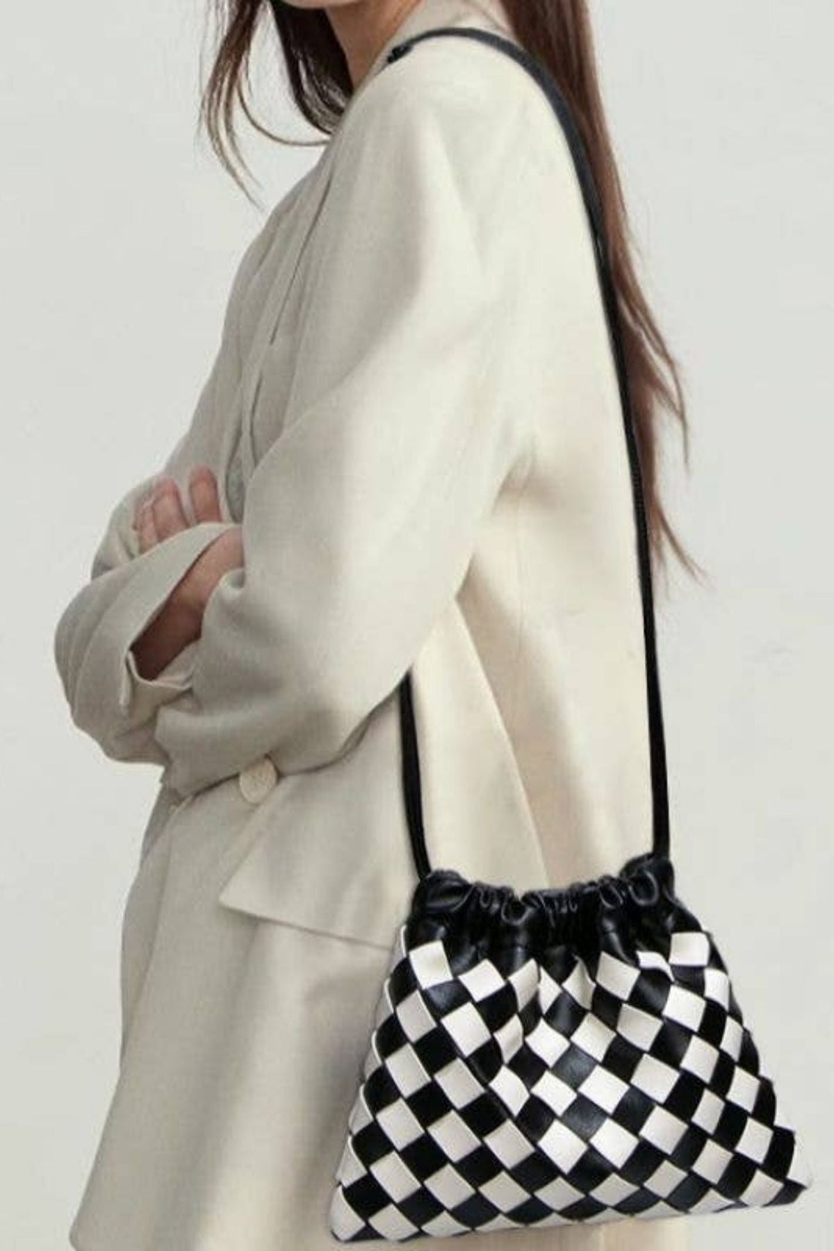 Monochrome Drawstring Pouch Shoulder Bag