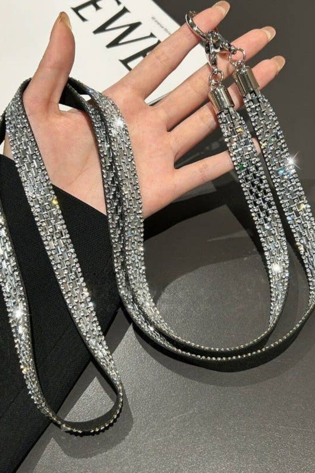 Silver Crystal Rhinestone Phone Lanyard Strap Chain