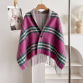 Pink & Green Plaid Fringe Poncho Cape Wrap