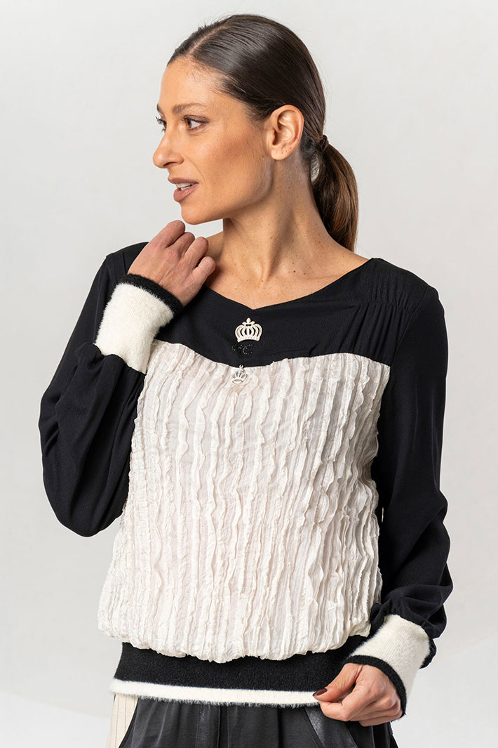 Elisa Cavaletti Black Cream Crushed Ruffle Top ELW265051401 03256