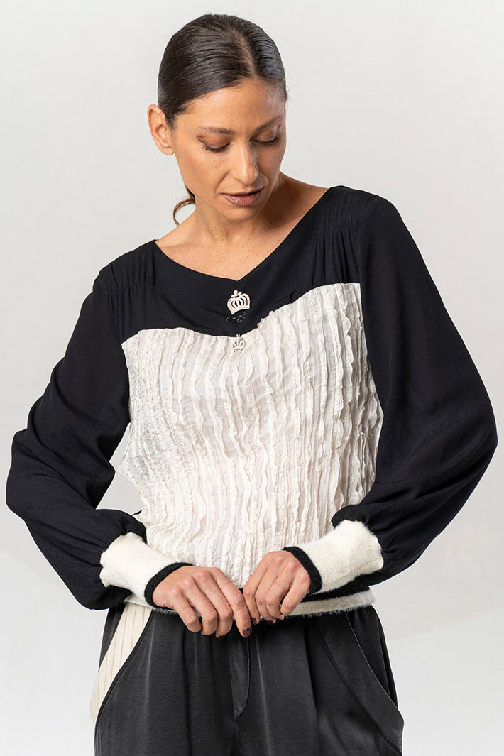 Elisa Cavaletti Black Cream Crushed Ruffle Top ELW265051401 03256