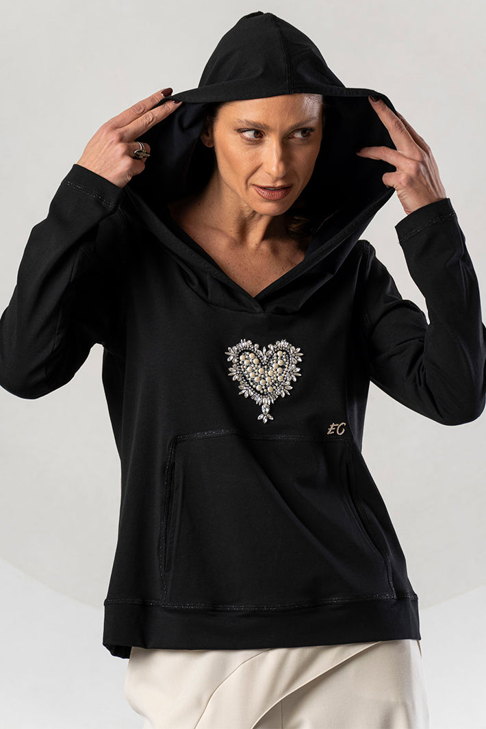 Elisa Cavaletti Black Crystal Heart Hooded Top DD0060212S 02001