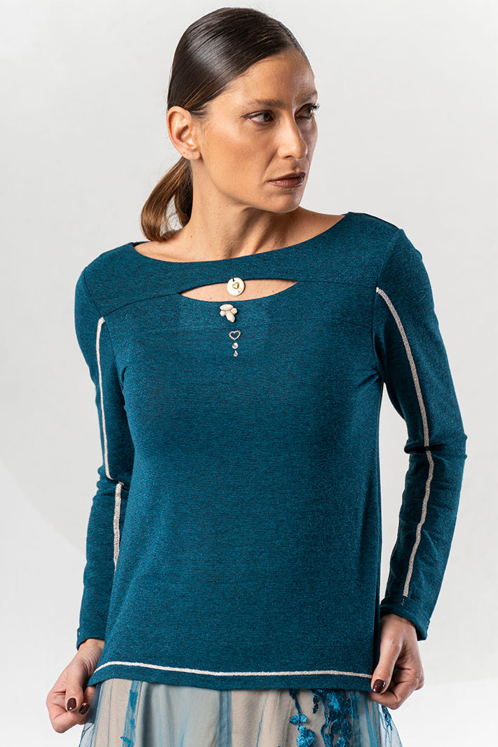 Elisa Cavaletti Teal Blue Keyhole Neck Top ELW265055100 19052