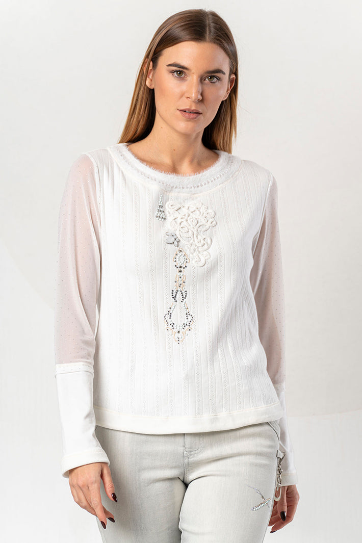 Elisa Cavaletti White Embellished Mesh Sleeeve Jumper ELW265011813 03149
