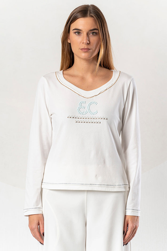 Elisa Cavaletti White Wide V-Neck EC T-Shirt Top ELW265011820 03149