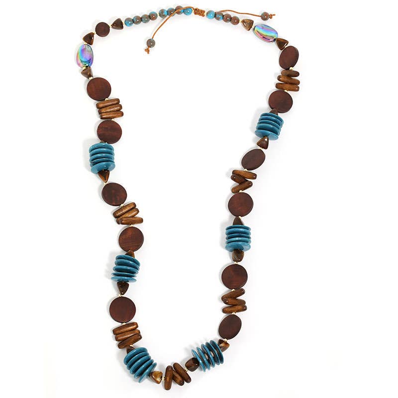 Teal & Wooden Disk Statement Long Necklace