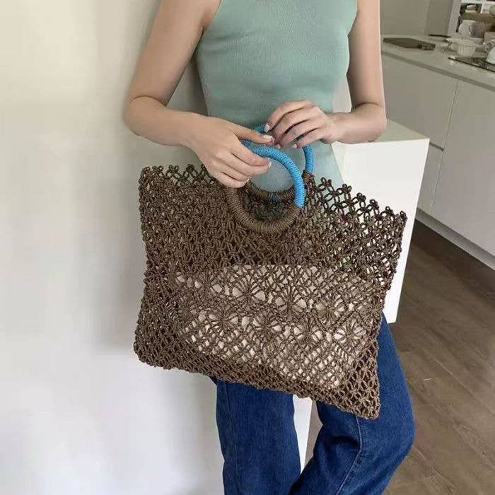 Chocolate & Teal Crochet Tote Bag