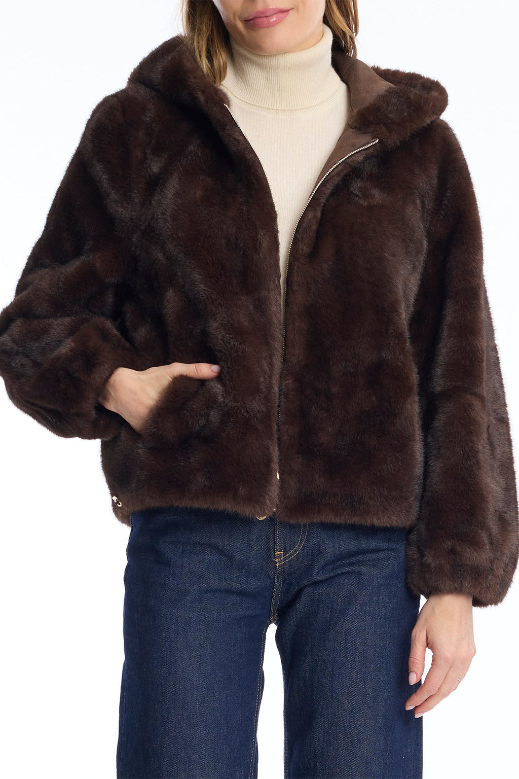 Leo & Ugo KH968 Brown Reversible Faux Fur Hooded Jacket