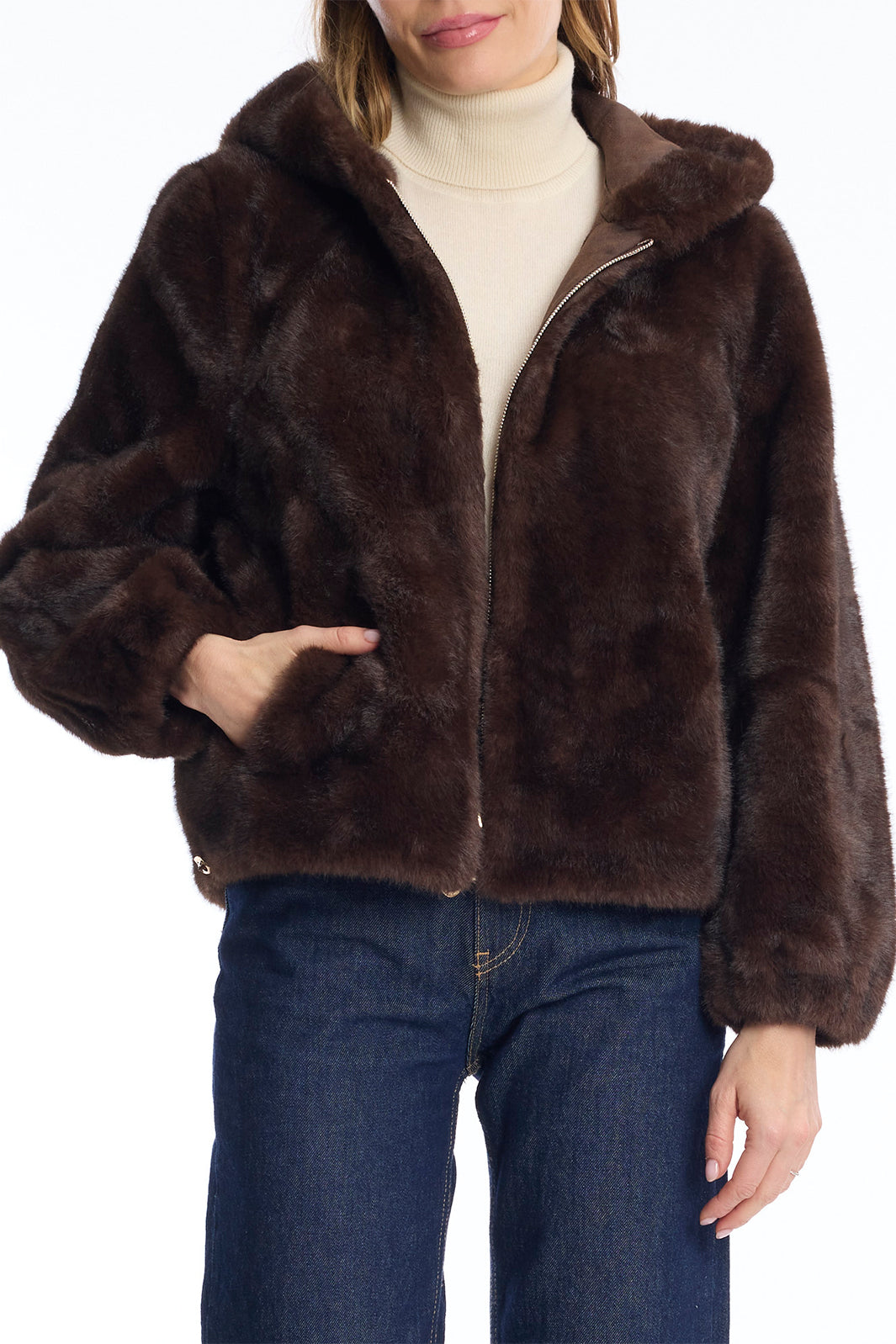 Leo & Ugo KH968 Brown Reversible Faux Fur Hooded Jacket
