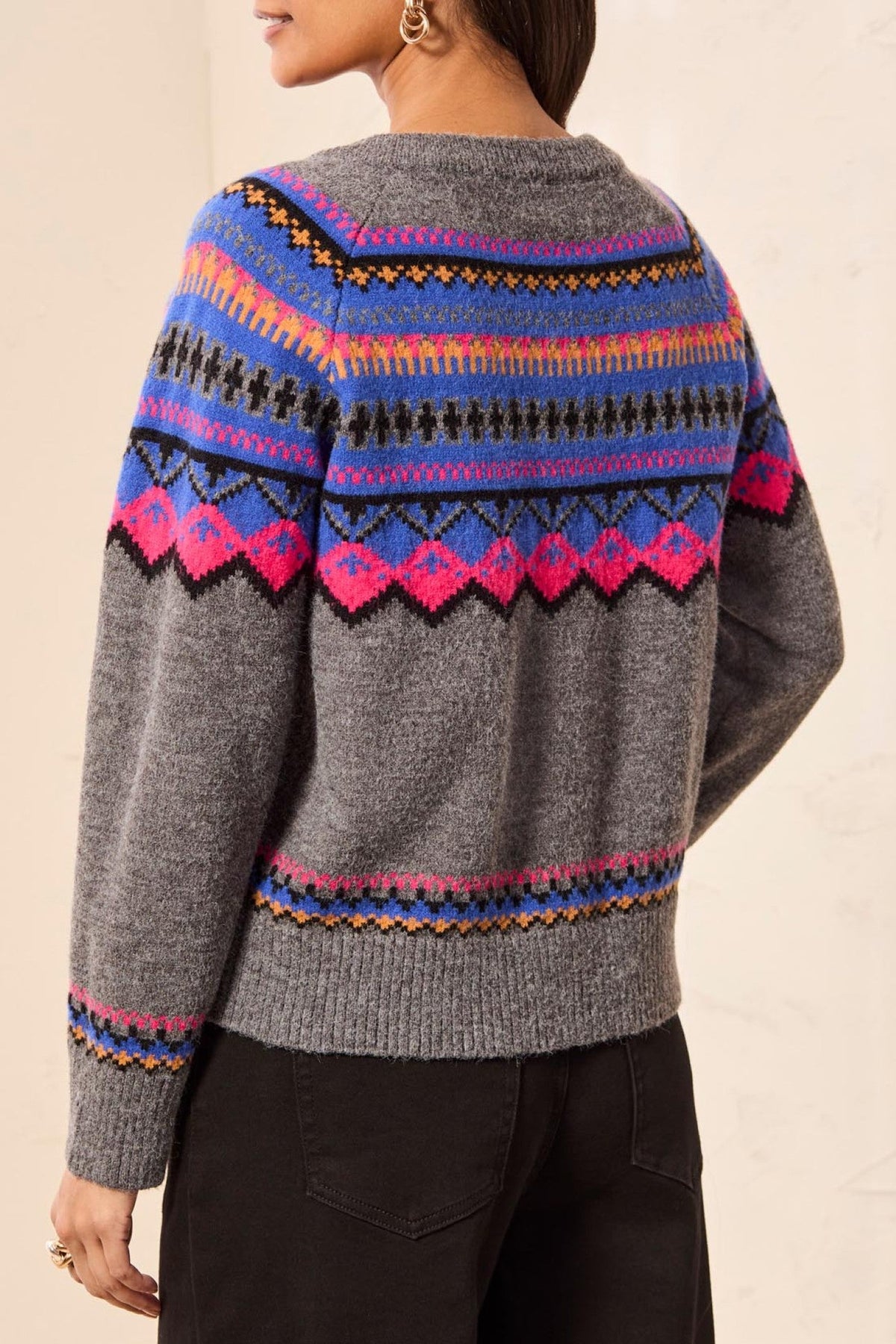 Tribal Charcoal & Cobalt Grey Crew Neck Ikat Cardigan 2312O-3814