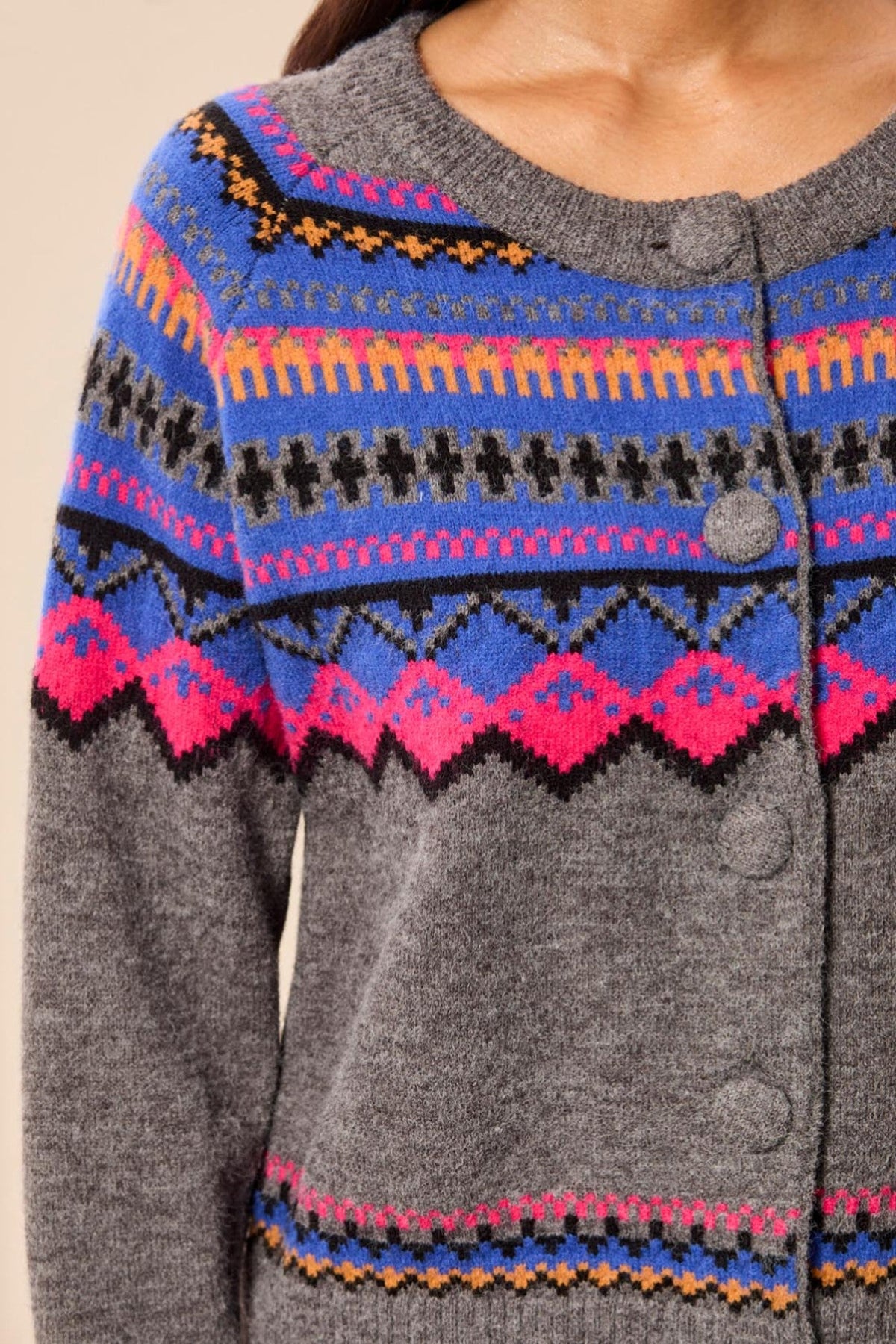 Tribal Charcoal & Cobalt Grey Crew Neck Ikat Cardigan 2312O-3814