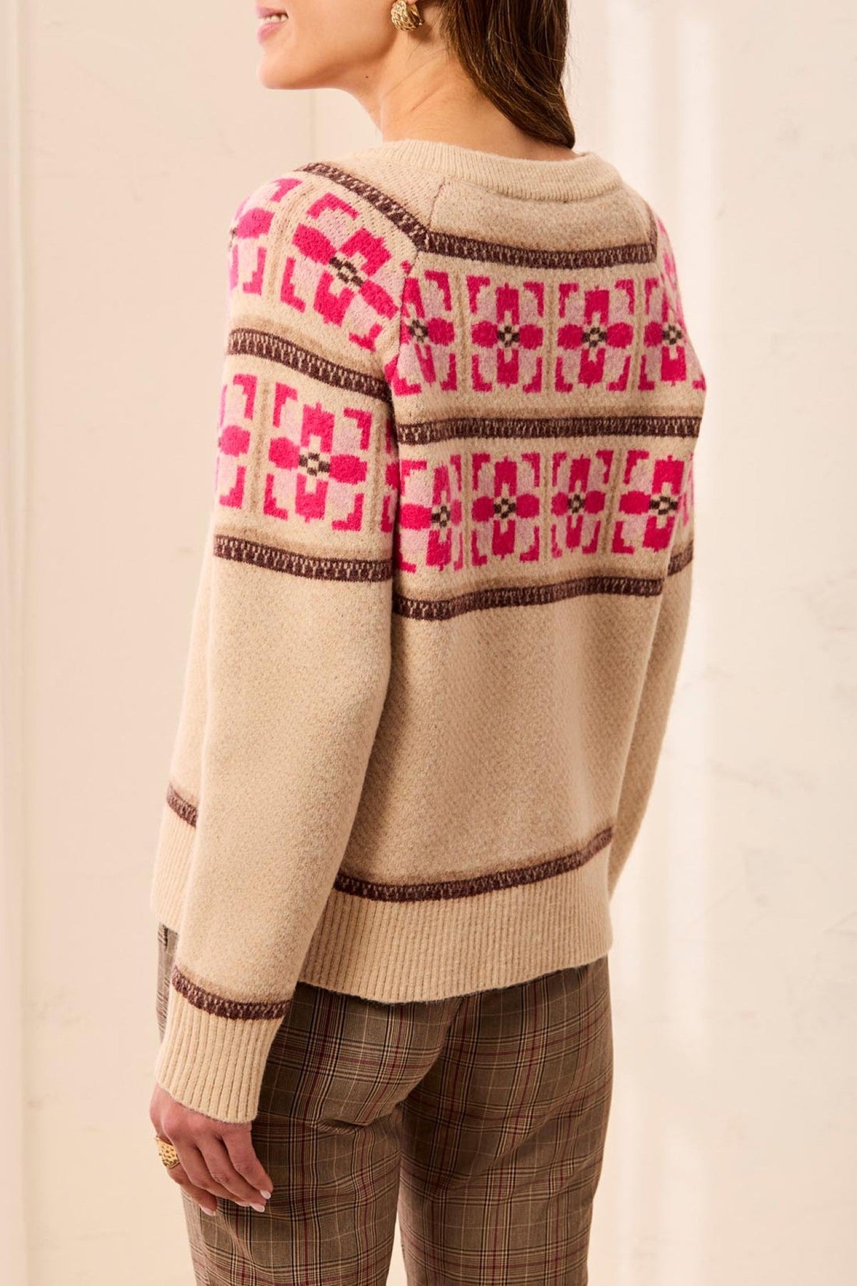 Tribal Fudge & Pink Beige Crew Neck Ikat Cardigan 2312O-3814