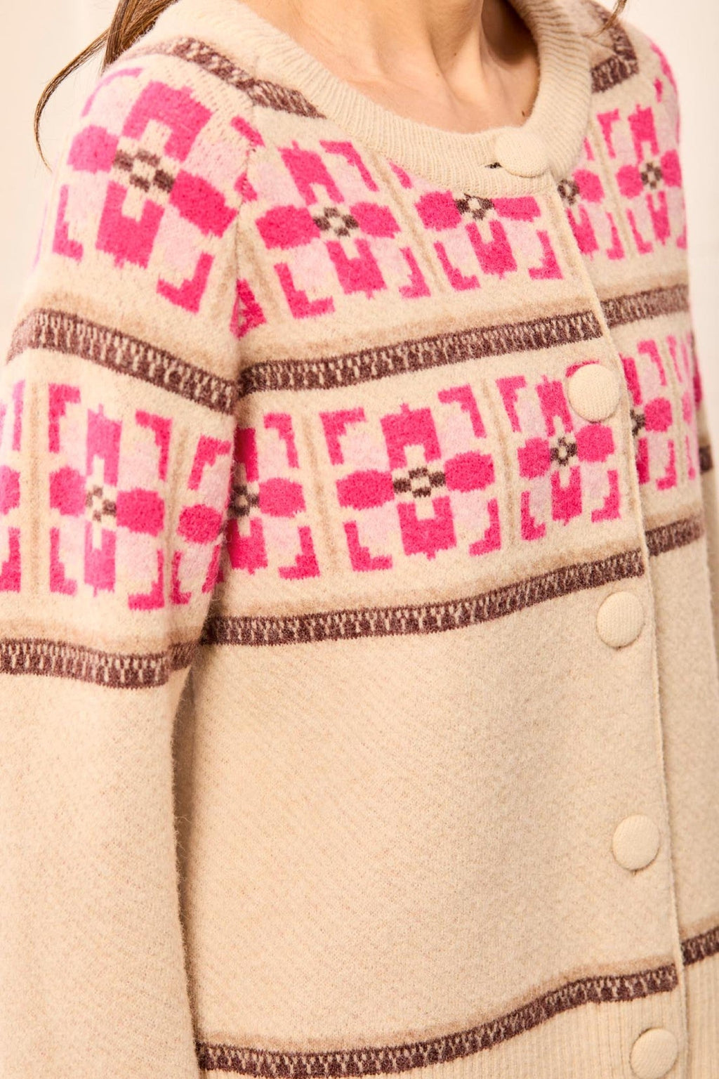Tribal Fudge & Pink Beige Crew Neck Ikat Cardigan 2312O-3814